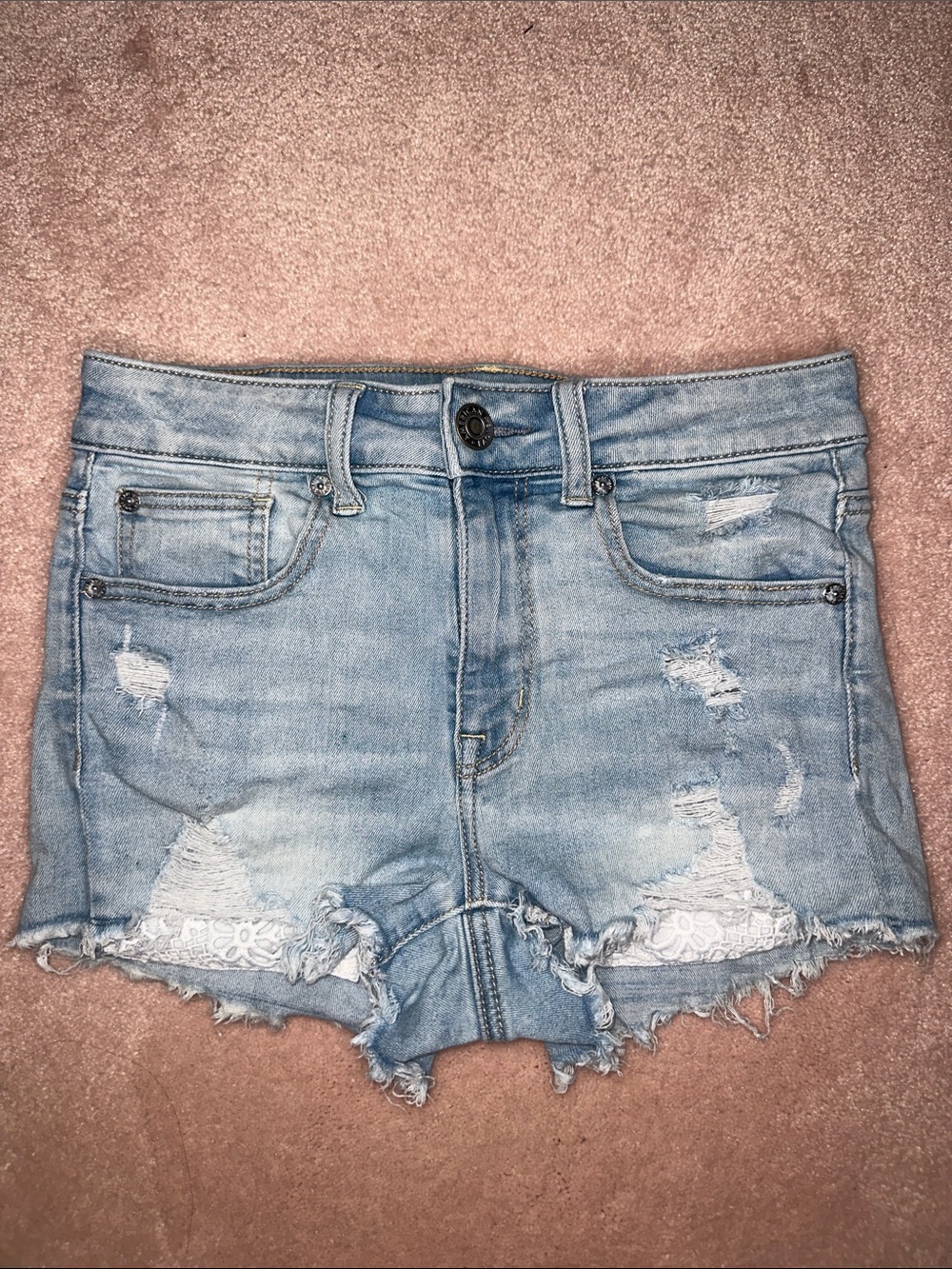 American Eagle Hi Rise Shortie Distressed Lace Floral Pockets Denim Shorts